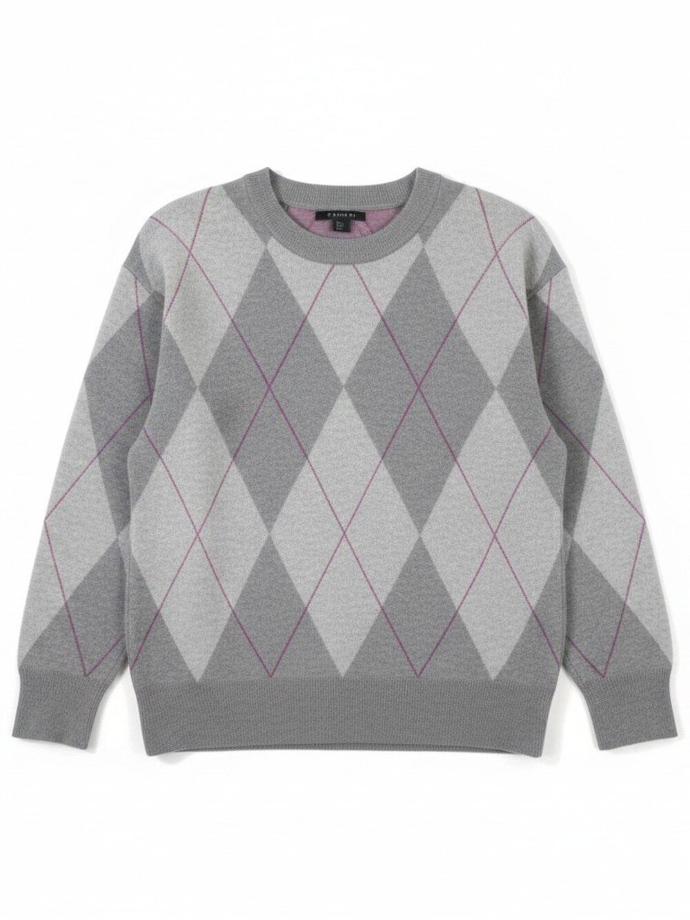 Tahari Gray Purple Argyle Crew Neck Long Sleeve Pullover Sweater